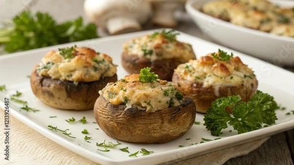 Fototapeta Delicious baked stuffed mushrooms served warm on a white plate, garnished with fresh parsley and complemented by a side of mushroom medley