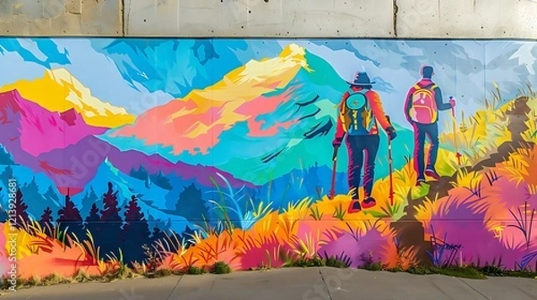 Obraz A vibrant mural of two friends hiking up a mountain, painted on a wall with a nature trail mockup on the side.