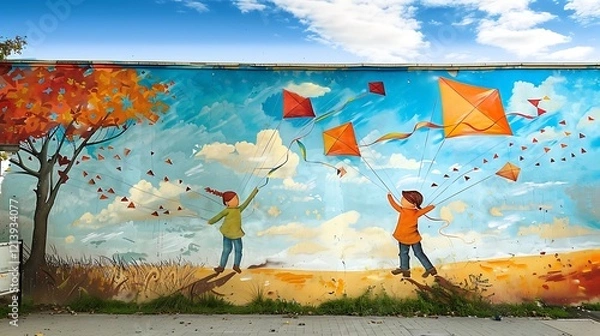 Fototapeta A whimsical mural of two friends flying kites, painted on a wall with an open field mockup on the side.