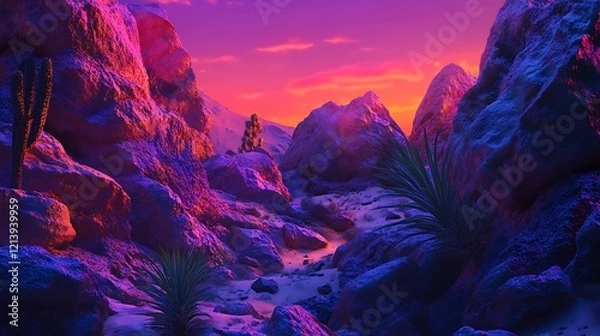 Fototapeta Desert rocks and Joshua trees illuminated by the vibrant hues of sunset