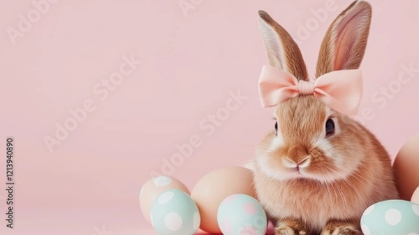 Fototapeta Graceful brown rabbit adorned with a bow, surrounded by festive polka-dot eggs on a pink backdrop.