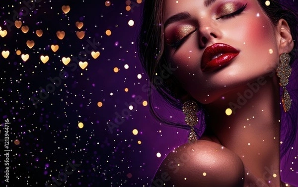 Fototapeta A glamorous woman with bold red lipstick and sparkling earrings, on a deep purple background with gold glitter and heart patterns for a festive atmosphere