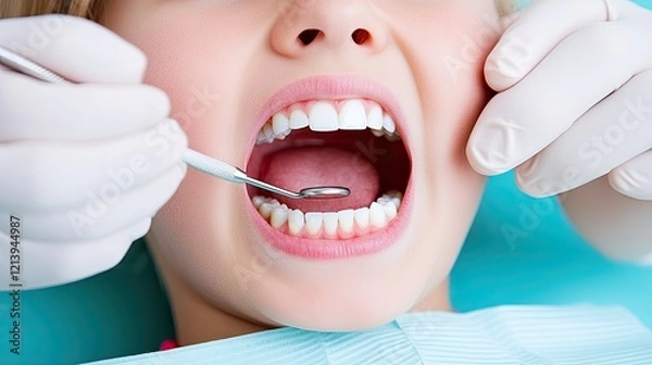 Fototapeta Child receiving dental check-up with hygienist assistance