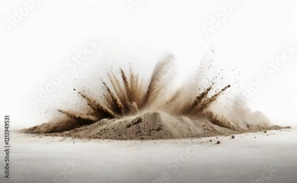 Fototapeta A powerful explosion captured in mid-air, with a cloud of brown dust and debris erupting outwards.