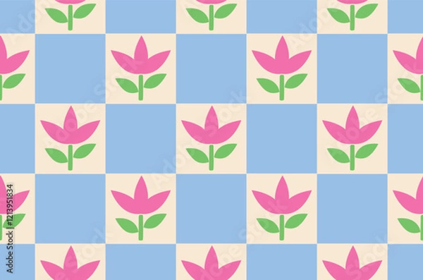 Fototapeta Checkerboard and Floral Seamless Pattern. Flowers and squares Chessboard. Mesh, groovy, trippy style All over Print Seamless Pattern Vector Illustration