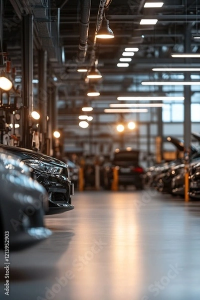 Obraz A wide-angle view captures a professional garage bustling with activity, featuring several cars in various stages of servicing, illuminated by bright overhead lights