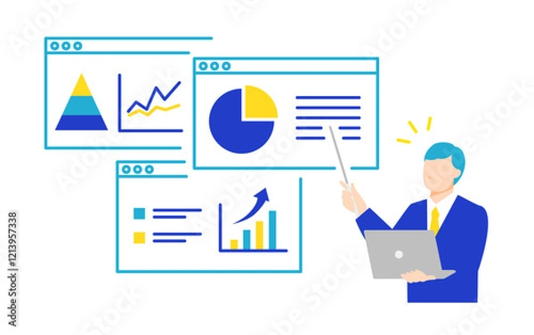 Obraz データ分析と戦略を解説するビジネスプレゼンテーションのフラットデザインイラスト