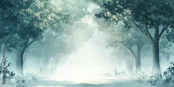 Fototapeta Misty Forest Path with Soft Light, Digital Painting.