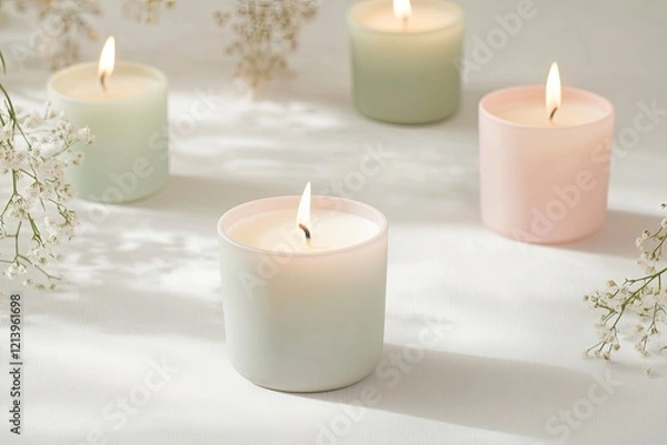 Obraz Softly lit candles in pastel hues create serene and calming atmo