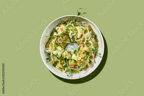Fototapeta A vibrant and refreshing salad featuring thinly sliced zucchini noodles, fresh peas, and a drizzle of creamy dressing.