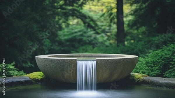 Fototapeta A serene stone water fountain surrounded by lush greenery, showcasing a gentle waterfall flowing into a calm pool.