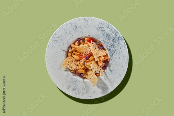 Fototapeta A vibrant and colorful plate of pasta topped with cherry tomatoes, fresh herbs, and crispy parmesan