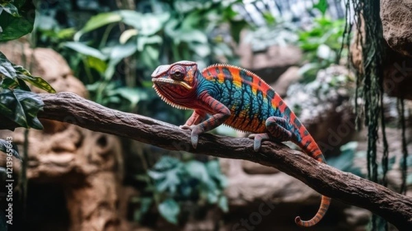 Fototapeta Vibrant Chameleon on Branch in Natural Forest Light