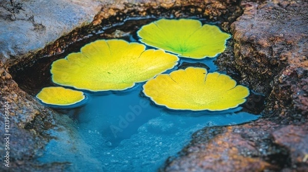 Fototapeta Vibrant green lily pads floating on tranquil blue water nestled in a rocky crevice, showcasing nature's harmony and beauty.