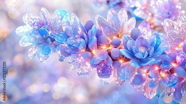 Fototapeta Sparkling blue flowers, glowing lights, soft bokeh background; ideal for greeting cards
