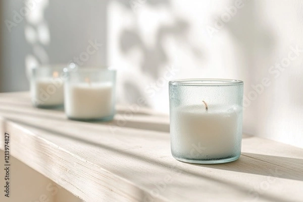 Fototapeta A set of minimalist candle holders made from recycled glass is stylishly arranged on a light wooden surface, providing an eco-conscious accent to modern spaces with soft shadows