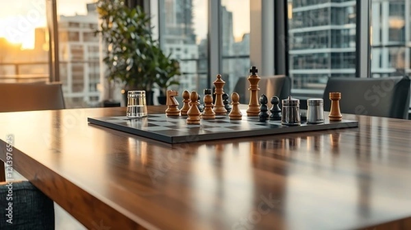 Obraz Chess game on city view table