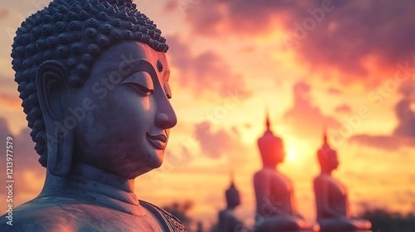 Fototapeta Buddha statues with a bright sunset sky behind them in southern Thailand