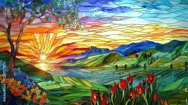 Obraz Stained glass Colorful landscape with a vibrant rainbow and blooming flowers in a bright sun