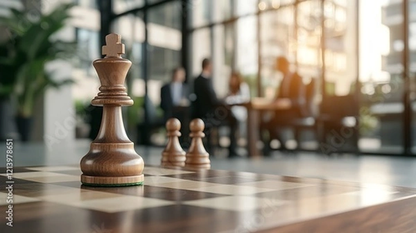 Fototapeta Chess pieces on board, business meeting background, strategy concept