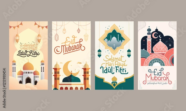 Fototapeta Eid mubarak social media post template with the Arabic calligraphy means Happy eid and Translation from arabic: may Allah always give us goodness throughout the year and forever