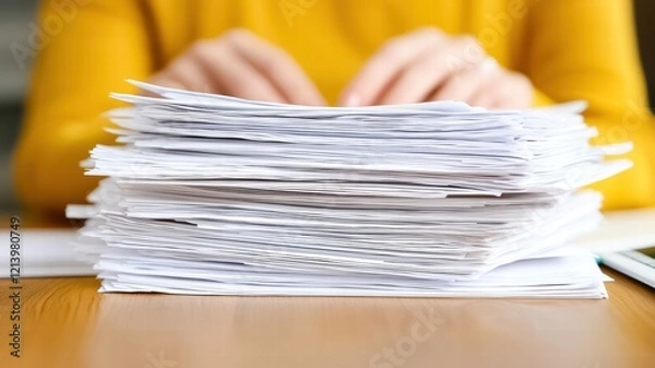Fototapeta A person's hands are shown typing above a large stack of documents on a wooden desk, emphasizing a busy work environment.