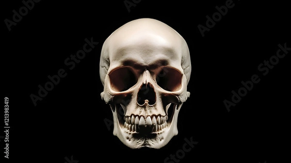 Fototapeta Front view of a natural human skull on an isolated black background, showcasing the intricate details and structure of the human skull, perfect for anatomy, medical education, and science-related them