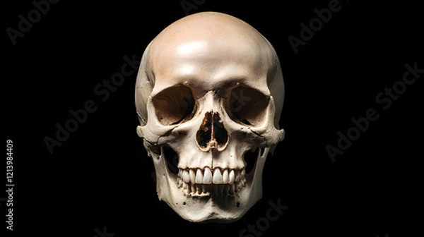 Fototapeta Front view of a natural human skull on an isolated black background, showcasing the intricate details and structure of the human skull, perfect for anatomy, medical education, and science-related them