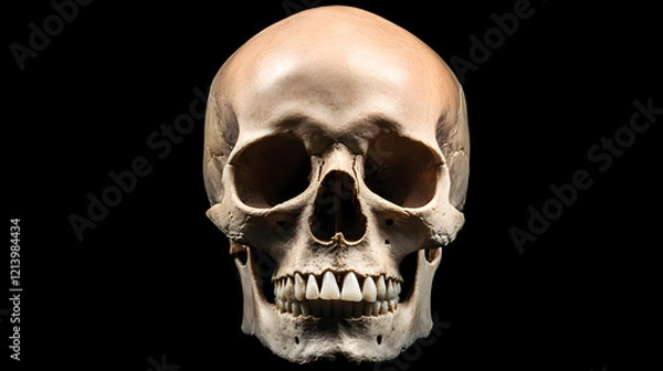 Fototapeta Front view of a natural human skull on an isolated black background, showcasing the intricate details and structure of the human skull, perfect for anatomy, medical education, and science-related them