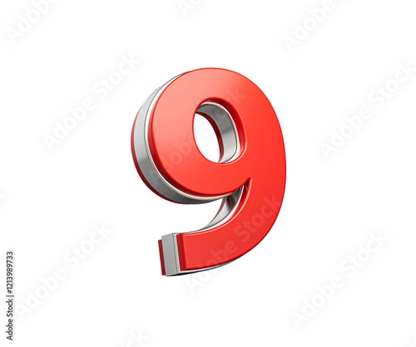 Fototapeta Bold Vibrant Red Number Nine Number 9 With Sleek Metallic Gleam 3D Illustration