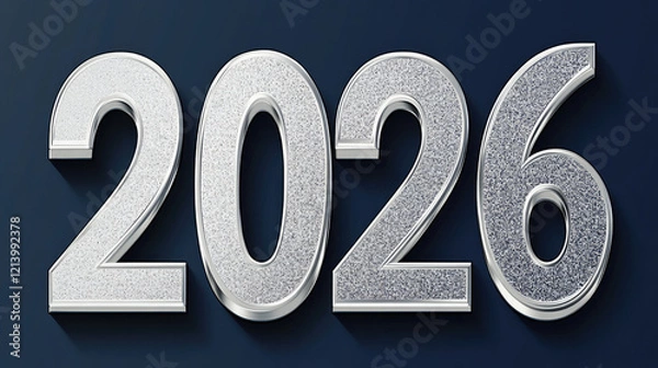 Fototapeta Stunning 3D Silver “2026” with Glitter on Dark Blue, Ideal Vector for New Year Greetings, Banners in Ultra-High Def, Stock Style.
