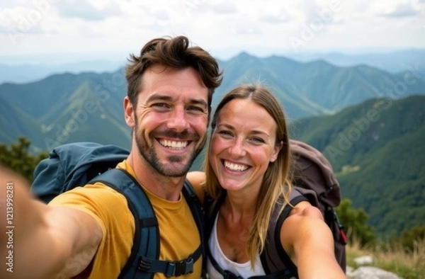 Fototapeta Cheerful couple of hikers taking selfie on top of the mountain - Millennial guy and girl enjoying summertime day out laughing at camera together - Millenial travelers standing on nature background