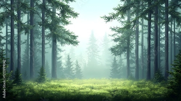 Fototapeta Captivating misty forest landscape with dense lush evergreen trees winding dirt path and ethereal atmosphere inviting visitors to explore the remote wilderness and find solitude in nature