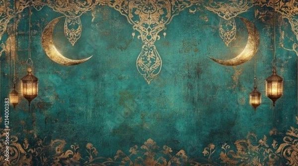 Fototapeta Ornate Teal Background With Golden Moons And Lanterns