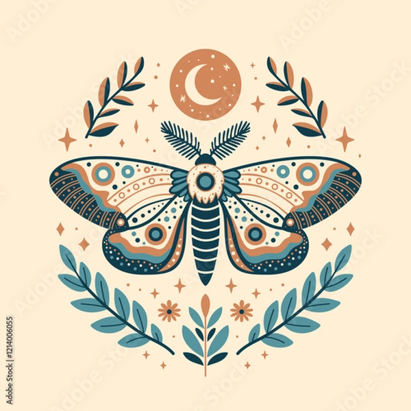 Fototapeta Vector Illustration of a Colorful Moth with Moon and Foliage - Teal, Orange, and Beige Palette - Perfect for Nature-Themed Designs, Tattoos, and Home Decor