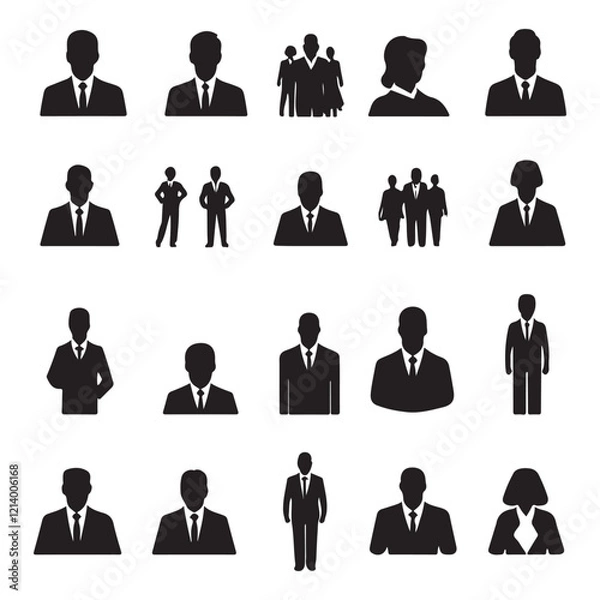Fototapeta Collection of professional business people silhouettes, in both male and female figures, in different stances (standing, walking), with some carrying briefcases.