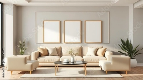 Fototapeta A living room mockup featuring a wall art template with a modern interior design aesthetic, wall art, mockup, modern