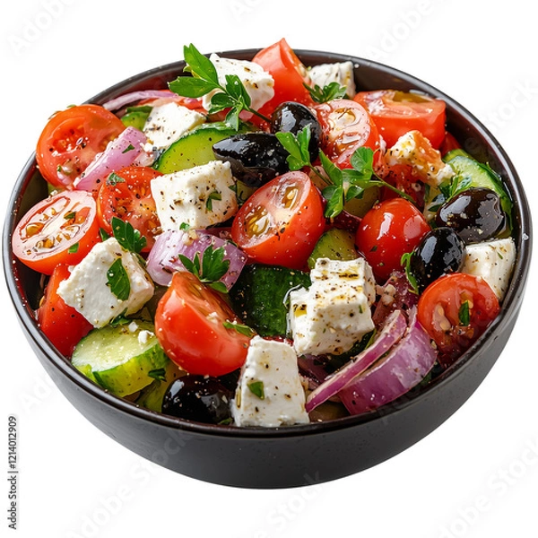 Fototapeta Delicious Greek Salad Fresh Feta Cheese Tomatoes Cucumbers red food meal diet isolated on transparent or white background, png