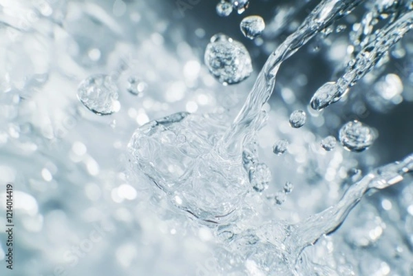 Fototapeta Water splash, droplet impact, close-up, background blur, purity