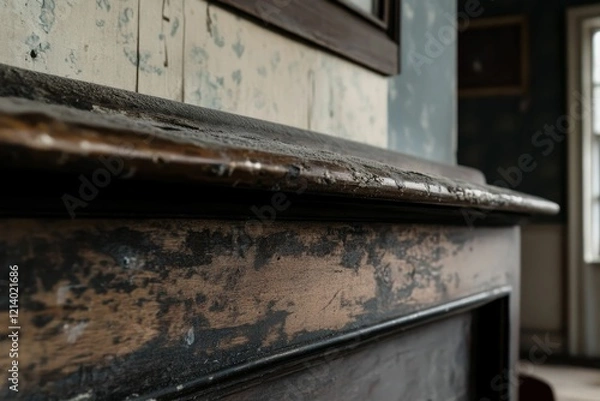 Fototapeta Worn wooden mantel with faded wallpaper behind it.