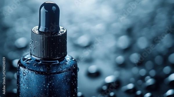 Fototapeta Dark-blue serum bottle, dropper, wet, background bokeh, beauty