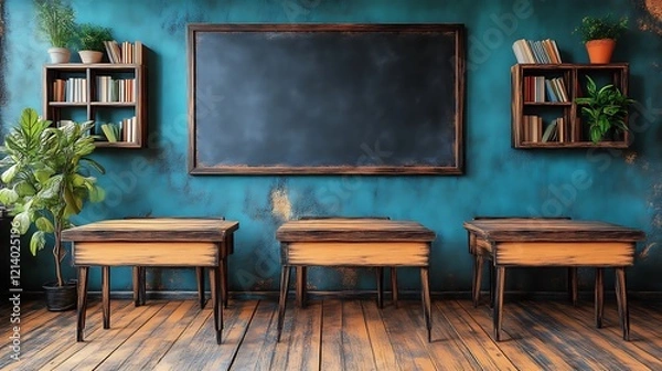 Fototapeta Rustic Classroom Setting With Three Desks And Blackboard