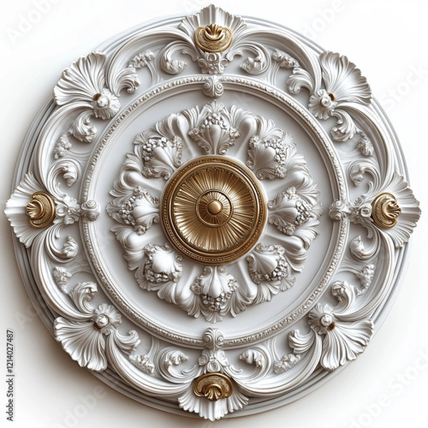Fototapeta Golden ceiling medallion with swirls, ornament on a white background, 3D illustration, rendering.  Generative AI