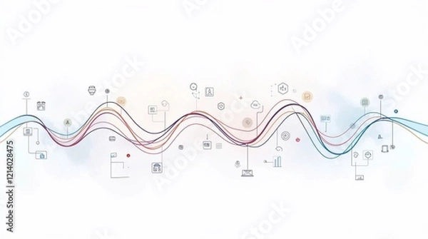 Obraz Business process diagram, abstract design depicting multicolored waves and various digital icons symbolizing technology and connectivity.