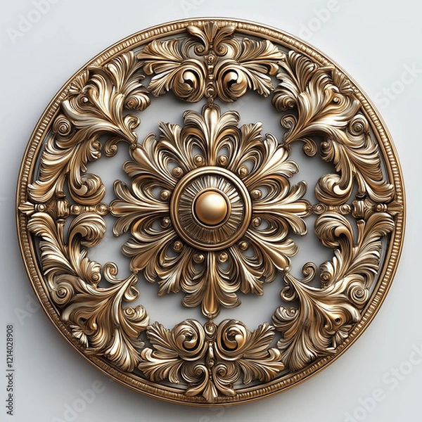 Obraz Golden ceiling medallion with swirls, ornament on a white background, 3D illustration, rendering.  Generative AI