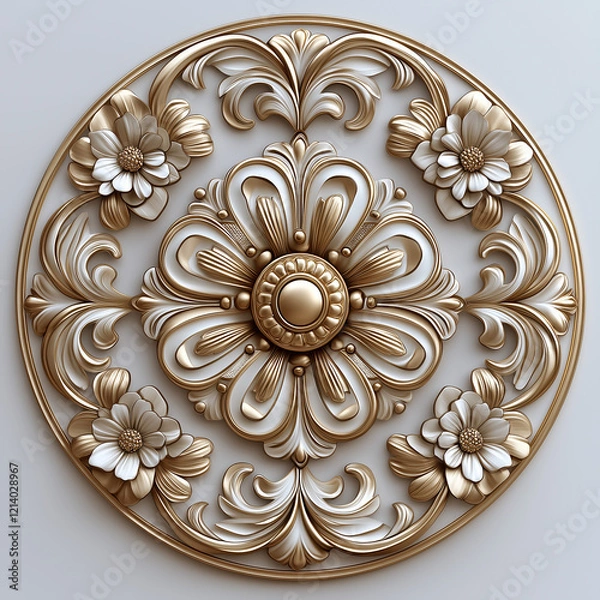 Obraz Golden ceiling medallion with swirls, ornament on a white background, 3D illustration, rendering.  Generative AI