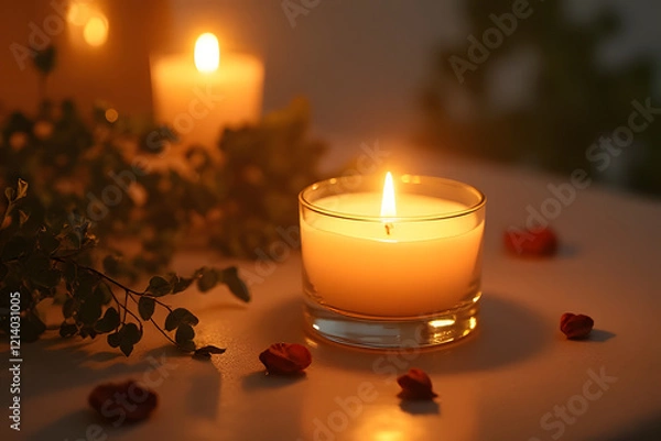 Fototapeta A glowing candle in a glass jar surrounded by leaves and tiny lights on a table