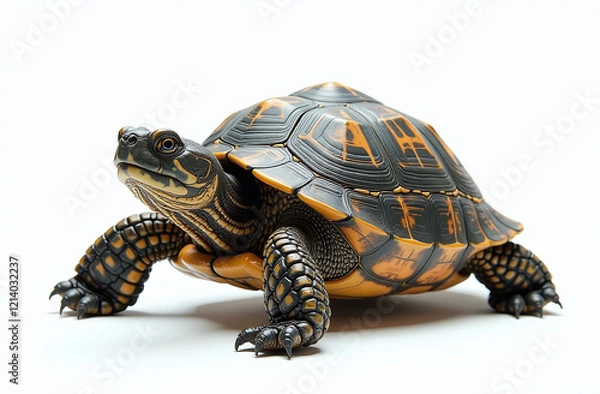 Fototapeta Close-up of a turtle with an intricate shell design and textured skin, displayed on a clean white background, symbolizing nature