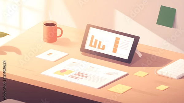 Fototapeta A detailed workspace showcasing a researcher analyzing printed consumer demographic reports and digital data on a tablet. Surrounding items include sticky notes, a cup of coffee, and a notebook. The