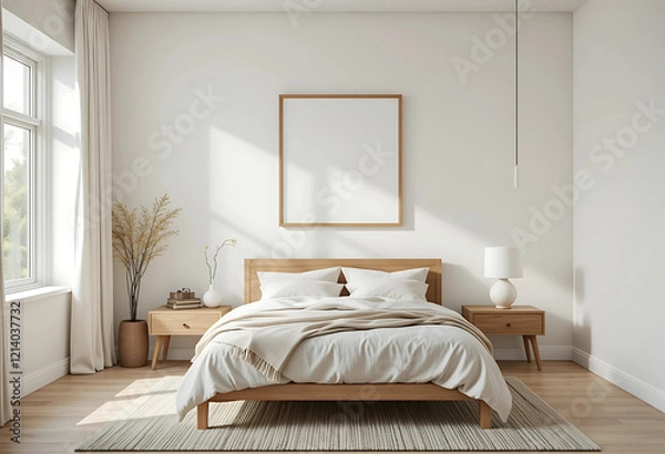 Fototapeta Visualize a Scandinavian-inspired bedroom focused on simplicity and functionality. The walls are a soft, muted white, enhancing the room's airy feel.